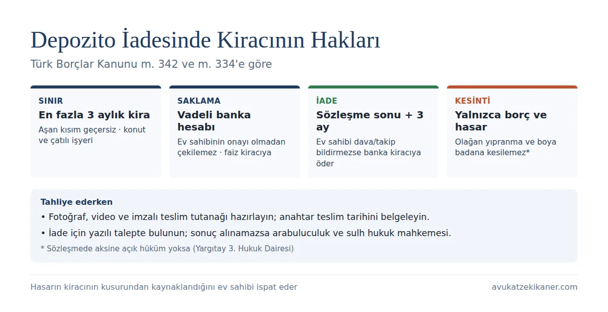 Kiracı hakları ve depozito iadesi: üç aylık kira sınırı, vadeli banka hesabı, sözleşme sonundan itibaren 3 ay, olağan yıpranma, boya badana