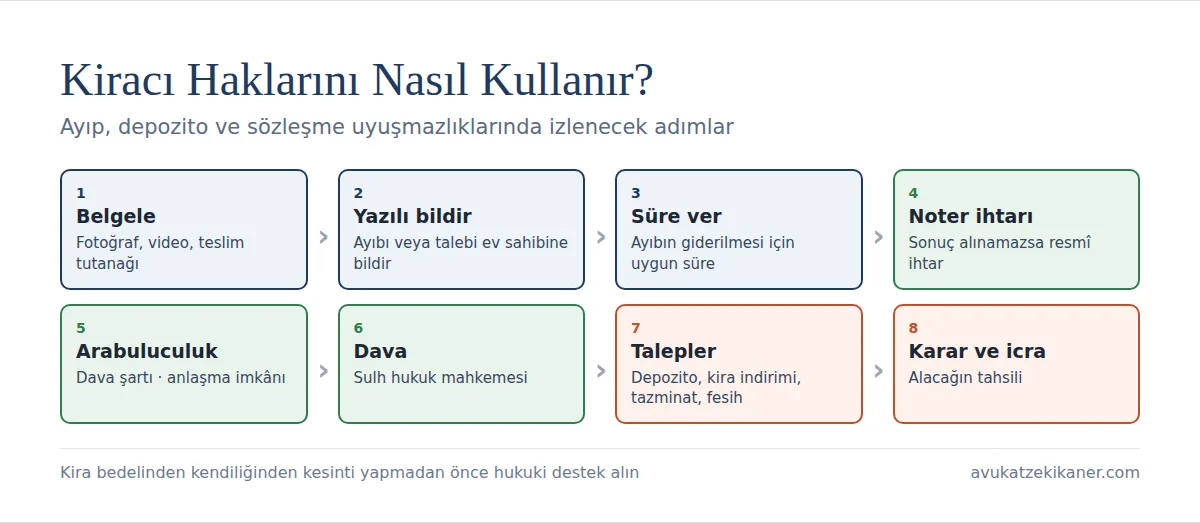 Kiracı hakları başvuru yolları: yazılı bildirim, noter ihtarı, delil toplama, zorunlu arabuluculuk, sulh hukuk mahkemesi, depozito iadesi ve kira indirimi davası
