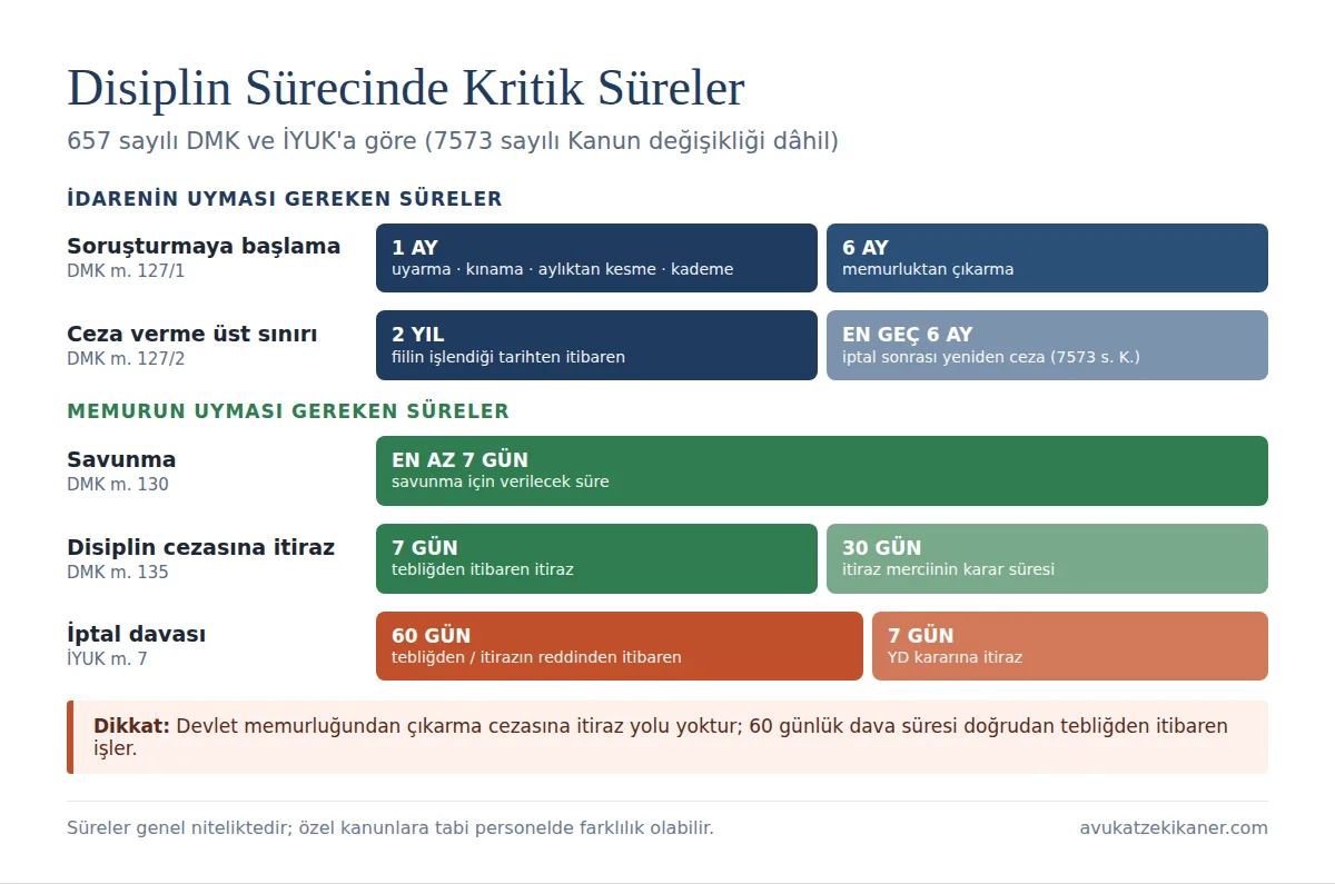 Disiplin cezasına itiraz süreleri: soruşturma zamanaşımı, savunma, itiraz 7 gün, dava açma 60 gün