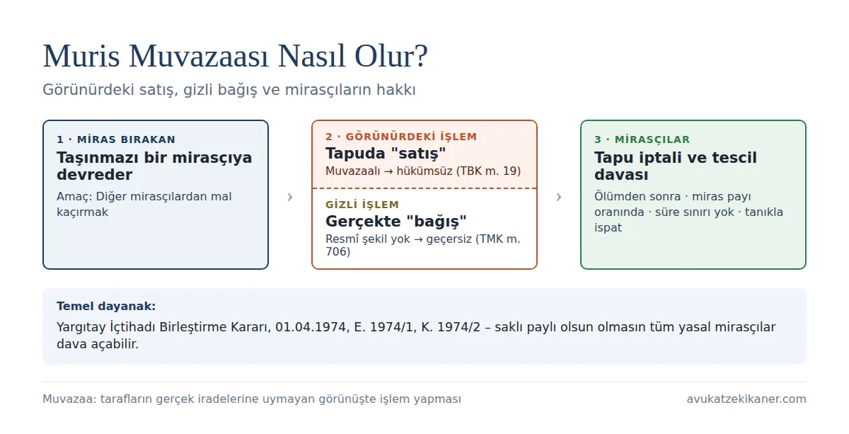 Muris muvazaası nedir: miras bırakanın bağışı tapuda satış gibi göstermesi ve mirasçıların tapu iptali davası