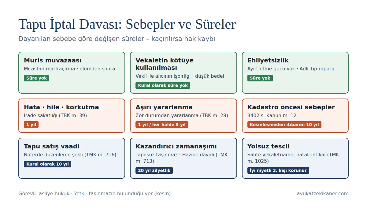 Tapu iptal ve tescil davası sebepleri ve süreleri: muris muvazaası, vekaletin kötüye kullanılması, ehliyetsizlik, hile, kadastro