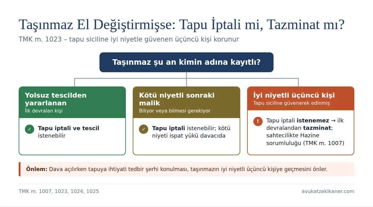 Tapu iptal davasında iyi niyetli üçüncü kişi: tapu iptali mi tazminat mı, TMK 1023 ve TMK 1007 Hazine sorumluluğu